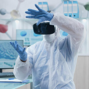 scientist researcher wearing virtual reality headset analyzing brain activity futuristic holografic interface during chemistry experiment biochemistry hospital laboratory neuroscience research